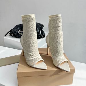 2024 Chaussures de créateurs Sandales à talons hauts pour femmes printemps / été Nouveau Hiroko Lace Sexy Elegant Wedding Genue Geating Le cuir 10cm mince talon haut orteil ouvert Bottes courtes élastiques