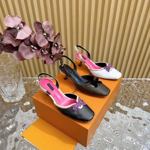 2024 Diseñador Sandalias de mujer Lujo Retro Art Bow Vintage Sandalias de tacón alto Moda Elegante Primavera Cabeza cuadrada Tacón de gato Zapatillas de cuero genuino Tamaño: 35-42