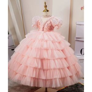 2024 Elegante Pink Flower Girl Pearls Collar con cuentas Corcha Sequined Corsé Mangas de corsé Princesa Cabalde de los niños Vestidos de concurso para bodas Vestidos de la Sagrada Comunión 403