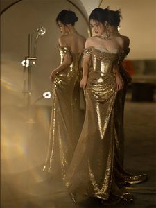 2024 Gold Pailled Mother of the Bride Robes Luxury Sexury Sirène Maridings Femmes Robes de bal invité pour maman Appliques de dentelle