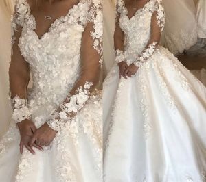 2024 Precioso vestido de novia de una línea con cuello en V Mangas largas Flores 3D de encaje Vestidos de novia nupciales Barrido de tren Vestido De Novias Robe De Mariage