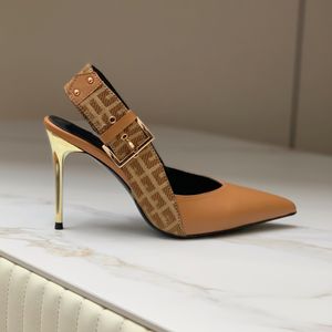 2024 Tacones zapatos de vestir Sandalias de diseñador de vaca Hebilla impresa Slingbacks Stiletto Toes Bombas de 9,5 cm Sandalia de tacón de alto tacón 35-42 Metal Heel Diseñadores para mujeres zapato