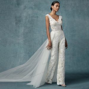 2024 Combinaison Robe De Mariée Avec Train Détachable Pantalon De Mariée Costume Dentelle Appliqué Sans Manches Femmes Tenues De Mariée Dos Nu Personnalisé Robe De Noiva