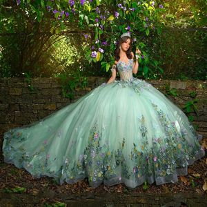 Robe De Quinceanera vert clair, robe De bal, avec appliques papillon 3D, perles, Corset en tulle, douce 16, 15 ans, 2024