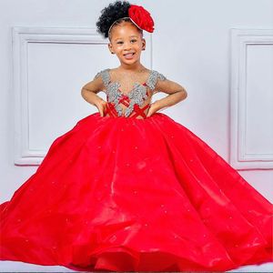 Robes de demoiselle d'honneur luxueuses avec cristaux rouges, robe de bal à col transparent, robe de mariée pour petite fille, robes de concours de communion, 2024