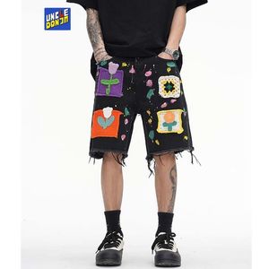 2024 Jeans para hombre Graffiti Denim Shorts Pathches Flower Men Vibe Style Baggy Streetwear Cargo Pants Y2k para unisex 230529