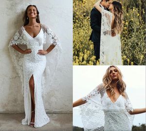 2024 Robes de mariée sirène col en V avant fendu longueur de plancher sexy dos nu robes de mariée de pays avec enveloppe plus taille robe de mariée plus taille
