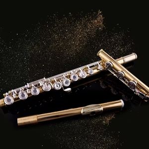 2024 Nuevo 17 teclas Flauta dorada con orificio abierto Llave de cuproníquel profesional externa C Tune Hand B pie Flauta dorada Instrumento musical de alta calidad con estuche