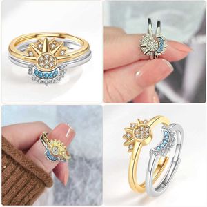 2024 New Age Jewelry Designer Band Rings Nouveau simple et brillant Sun Blue Diamond Moon Ensemble de deux pièces avec anneau ouvert comme cadeau pour petite amie