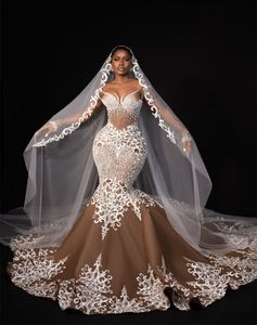 2024 NUEVO ARABÍA ASO EBI Bordado avanzado Venta caliente Vestido de boda de soldado de lujo con perlas Beads Lace V-Eck mangas largas con cremallera Vestidos de novia para la primavera de verano