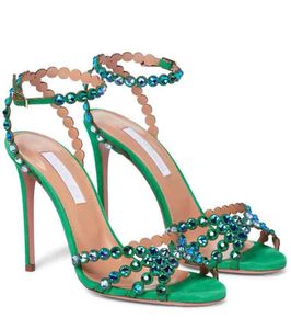2024 Nueva marca Zapatos de mujer Diseños de gladiador Sandalias Zapatos Diseño de tiras Tequila Tacón Sandalia Adornos de cristal Fiesta de boda nupcial Señora Tacones altos 35-43