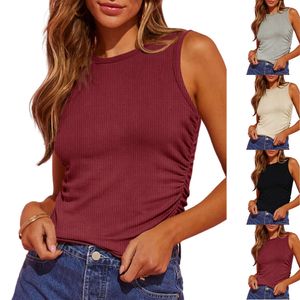 Camiseta sin mangas de punto acanalado para mujer, Top ajustado con pliegue lateral, Color sólido, cuello redondo, novedad de Primavera/Verano 2024