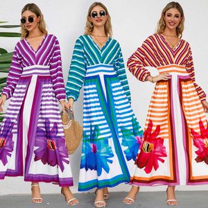 Robe trapèze imprimée à manches et col en v pour femmes, jupe longue ajustée, nouvelle collection 2024