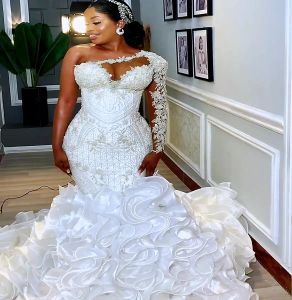 2024 Oct Arabe Aso Ebi Grande Taille Sirène Robe De Mariée Blanche Pour Mariée Dentelle Perlée Niveaux Organza Robes De Mariée Robes