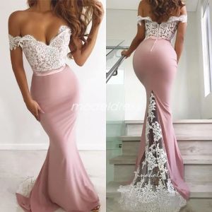 2024 Fuera del hombro Vestidos de dama de honor Sin espalda Barrido de tren Apliques Ilusión Corpiño Jardín País Árabe Vestido de invitados de boda Vestido de dama de honor