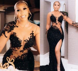 2024 Plus Taille Arabe Aso Ebi Noir Sirène Sparkly Robes De Bal Dentelle Perlée Sexy Soirée Formelle Deuxième Réception Anniversaire Robes De Fiançailles Robe