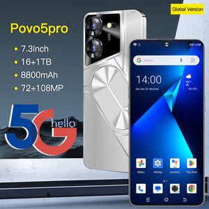 2024 POVO5PRO Android Smart Global English Téléphone 7,3 pouces Écran 8800 MAH Grande Batterie Prise en charge Double Téléphone Carte Android 13 Support OTG Face Touch Déverrouille pas cher nouveau