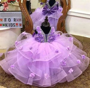 2024 Robe de bal violette princesse pour enfants perles volants robes de concours de beauté fleurs 3D robe d'anniversaire robes de photographie 322