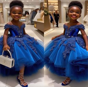 2024 Royal Blue Lace Flower Girl Robes Robe De Bal Tulle Tiers Luxueux Petite Fille De Noël Peageant Anniversaire Baptême Tutu Robe Robes