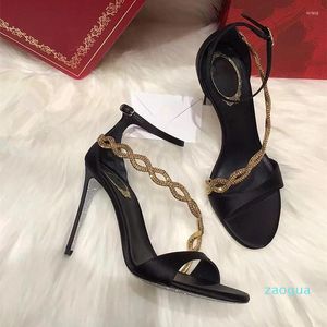 2024 Sandalias T-strap Ladies Buckle Golden Snake Belt Femme Tacon Zapatos De Mujer