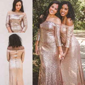 2024 Sexy Rose Gold Bridesmaid pailled Off Bateau Bateau Long Manches de taille plus taille d'honneur pour les robes d'invité de mariage 403