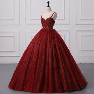 2024 Robe de bal bordeaux brillante quinceanera robes sexy bretelles spaghetti dos nu paillettes appliques ong robes de soirée de bal pour les adolescents BM3505 127