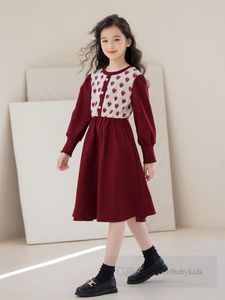 2024 Primavera Niñas grandes Patrón de fresa Vestidos de punto Niños viejos Puff Manga Princesa Vestido Día de San Valentín Adolescentes Ropa Z6391