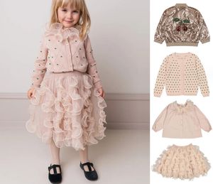 2024 Printemps Filles Dentelle Tulle Tutu Jupe Enfants Cerise Paillettes Veste À Manches Longues Enfants À Plusieurs Niveaux Gazue Falbala Revers Chemise À Manches Longues Z6451