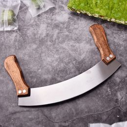 Cuchillo de turrón de verduras de acero inoxidable 2024, cortador de Pizza de hierbas para el hogar con mango de madera doble, herramientas para cortar y hornear en la cocina