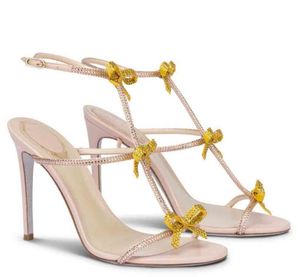 2024 Diseñador de verano Rene-C Sandalias con joyas de tacón bajo zapatos con cristales de arco para mujeres Fiesta de caminata boda sexy tacones altos