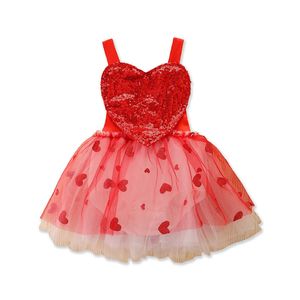 2024 Verano Niñas Lentejuelas Amor Corazón Suspender Vestido Niños Arcos Sin espalda Vestido de tul de encaje Día de San Valentín Ropa de fiesta para niños Z6377