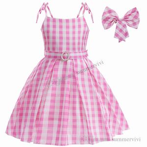 2024 Sweet Girls Robes à carreaux Lolita Enfants Bow Épingles à cheveux Rose Robe de princesse à bretelles INS Enfants Cosplay Vêtements S0610 Meilleure qualité