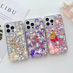 203PCS Luxury Bling Diamond 3D Flower Cases para Iphone 15 14 Pro Max 13 12 11 X XR XS 8 7 Plus Shinny Hard PC Acrílico Rhinestone Mariposa Amor Corazón Mujer Teléfono Contraportada