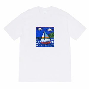 20FW Cartoon Sailboat Tee Painting Box Street American Summer Limited High Street Designer T-shirts Transpirable Popular Hombres Mujeres Parejas Manga corta TJAMTX111