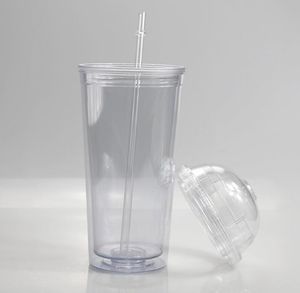 ¡SIN BPA! Vasos de acrílico de 20 oz con pajitas con tapa de cúpula Botellas de agua de plástico transparente de doble pared Vasos de leche para beber vino A12