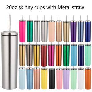 20oz Skinny Tumbler En Acier Inoxydable Isolé Tasses À Café Vide Bière Tasse À Double Paroi Gobelets À Vin Avec Couvercle En Métal Pailles LXL-01