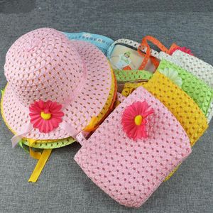 20sets mignon fleur de tournesol enfants chapeau de soleil enfants fille décontracté plage soleil chapeau de paille casquette + paille fourre-tout sac à main sac ensemble fit 2-8 ans enfant