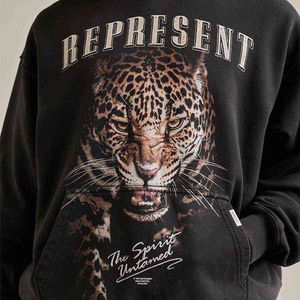 21fw Present Leopard Animal Print Used Hoodie Street Loose Pullover Men's Fashion