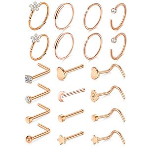 21 unids/set conjunto de uñas para la nariz, accesorios para piercing corporal, anillo de plata para la nariz de acero inoxidable, tachuelas de oro rosa, ceja, lengua, oreja, vientre, anillos de aro, joyería