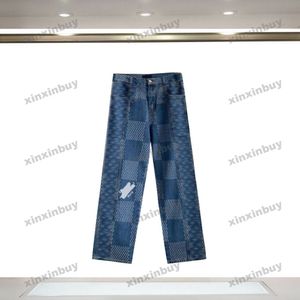 xinxinbuy Hommes femmes designer pantalon Plaid détruit jacquard Lettre broderie Washed Jeans denim Pantalon décontracté noir bleu S-2XL