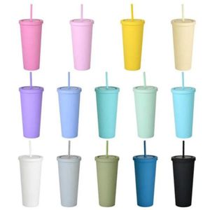 Tasses de 22 oz Gobelets en acrylique de couleur mate avec couvercles et pailles Gobelets en plastique réutilisables à double paroi FY4489 0316