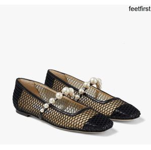 22s Femmes Mocassins Chaussures Ballet Ade Flat Black Suede Flats avec Pearl Embellishment résille Mesh et cuir Nappa designer de marque de luxe