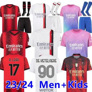 23 24 ACc MILANS Soccer Jersey IBRAHIMOVIC GIROUD DE KETELAERE R. LEAO TONALI THEO 2023 2024 Camiseta de fútbol de alta calidad Hombres Niños Kit Conjuntos Uniformi