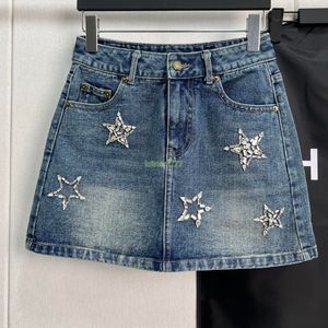 23 Summer Women Designer A-line Faldas Denim Mini falda con cuentas de estrellas Niñas Mujer Vintage Milan Runway Brand High End Custom Beading Sexy Designer Mini Hot Dress