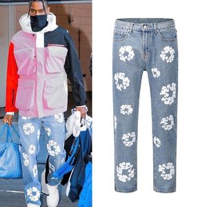 23ss Fleur Pleine Impression Jeans Pantalon Surdimensionné Streetwear Droit Décontracté Hommes et Femmes Pantalon En Denim