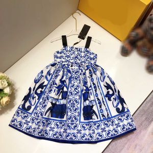 23ss Halter vestidos niñas Vestido Princesa vestido niños ropa de diseñador Impresión de porcelana azul y blanca Vestidos grandes Niñas camisa faldas Ropa de niños de alta calidad