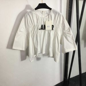 23ss blusa de cuello alto camisa de mujer ropa de diseñador para mujer Cofre con volantes línea de coche letra impresa corta manga corta camisa de muñeca top Ropa de mujer de alta calidad