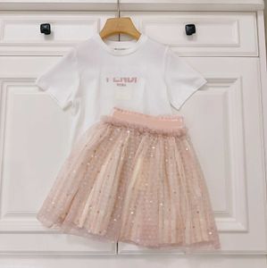 23ss enfants vêtements de créateurs jupe ensemble enfant ensembles filles col rond pur coton logo broderie manches courtes ruban épissé sequin gaze jupe costume bébé vêtements