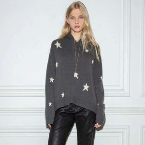 23ss Zadig Voltaire Top Fashion Designer Sweater Hoodie Estilo Clássico Casual Versátil Estrela Jacquard 100% Cashmere Solto Pulôver Mulheres Malhas Suéter com Capuz