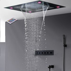 24 pouces plafond grand led pluie cascade brumisateur panneaux de douche thermostatique 5 fonctions mitigeur ensemble surface noire mate